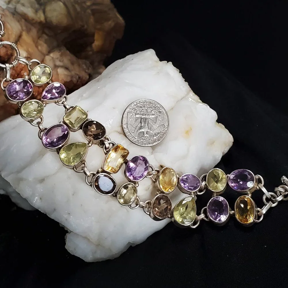 Heavy Sterling Silver Bracelet 925 Genuine Gem Amethyst Citrine Chocolate Topaz